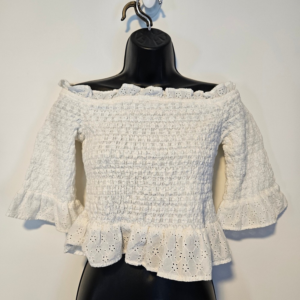 American Eagle Smocked Off Shoulder Small White Cropped Renfaire Pirate Cottage
